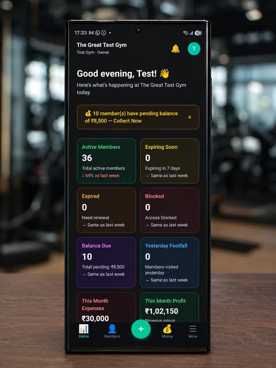 GymSetu Android app dashboard